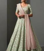 Pastel Green Mulberry Silk Lehenga with Sequins, Thread & Dori Work with Organza Dupatta