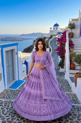 Lavender Net Lehenga Choli with Sequins, Zari & Thread Work with Dupatta