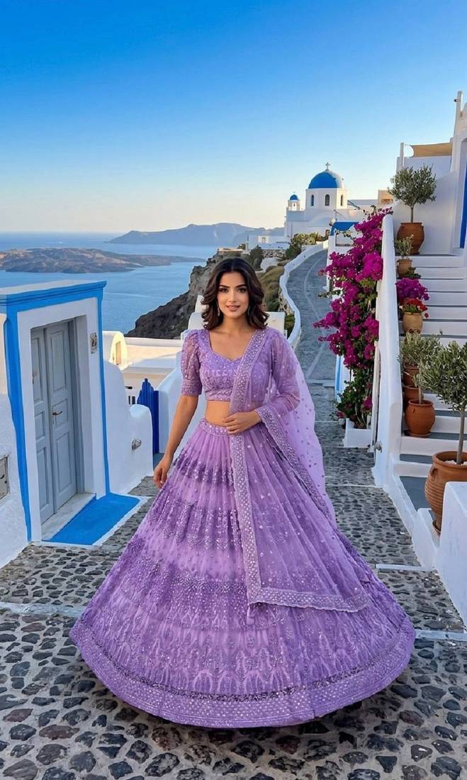Lavender Net Lehenga Choli with Sequins, Zari & Thread Work with Dupatta