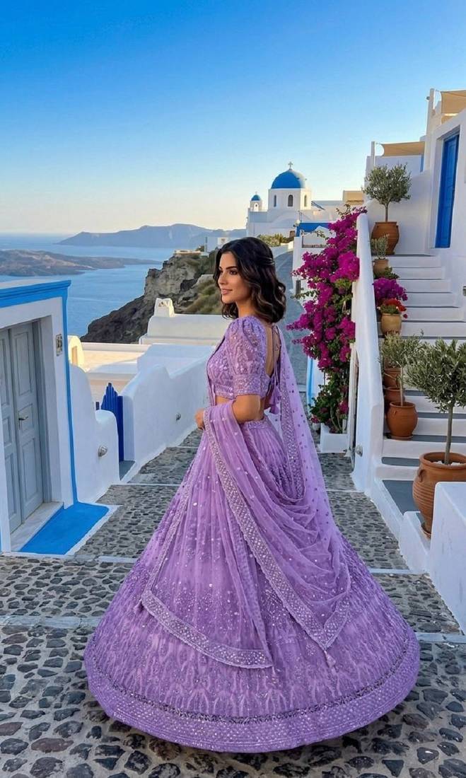 Lavender Net Lehenga Choli with Sequins, Zari & Thread Work with Dupatta
