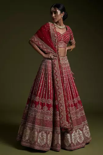 Bridal Red Rangoon Silk Lehenga Choli with Sequins, Dori & Thread Work with Dupatta