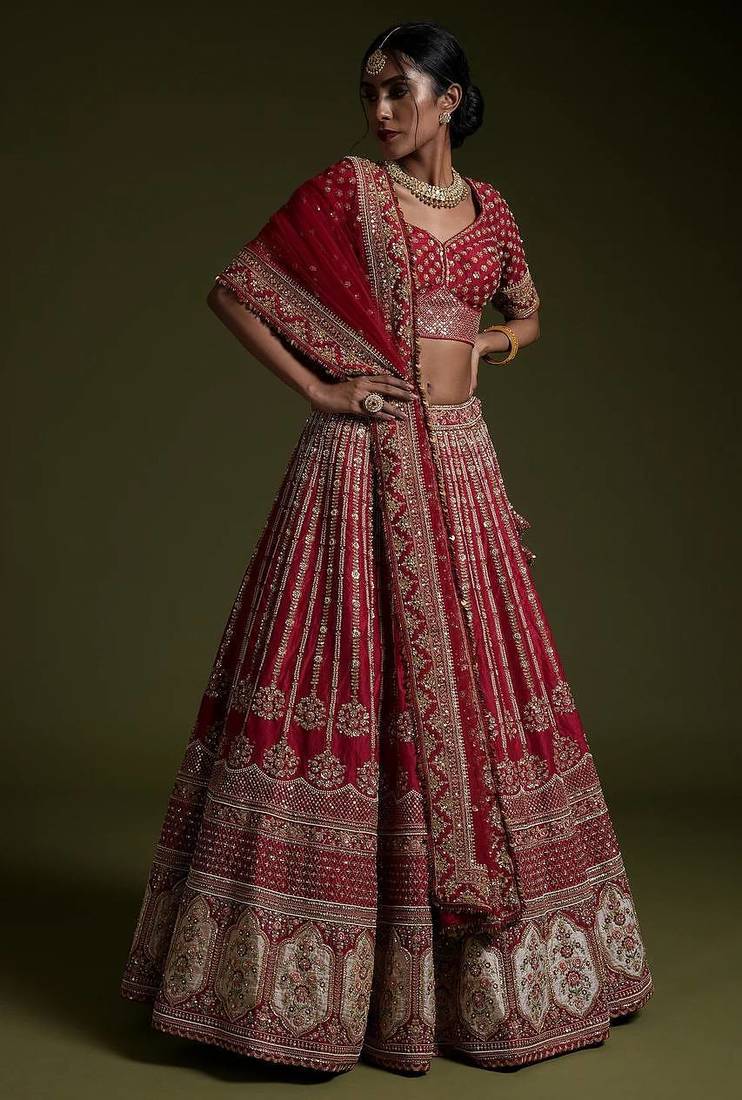 Bridal Red Rangoon Silk Lehenga Choli with Sequins, Dori & Thread Work with Dupatta