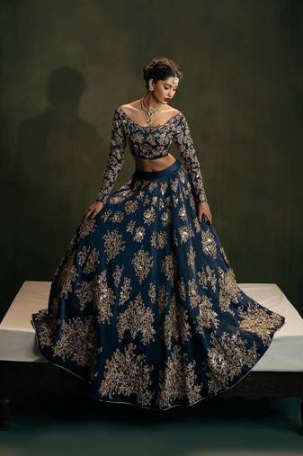 Elegant Navy Blue Polo Silk Lehenga Choli with Zari Thread & Sequins Work for Wedding Wear