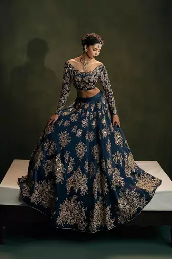 Elegant Navy Blue Polo Silk Lehenga Choli with Zari Thread & Sequins Work for Wedding Wear