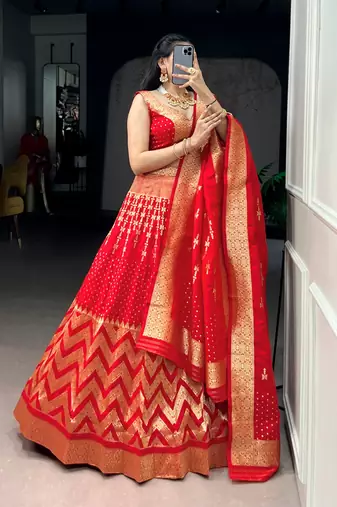 Bridal Red Banarasi Style Silk Lehenga with Traditional Zari Woven Design