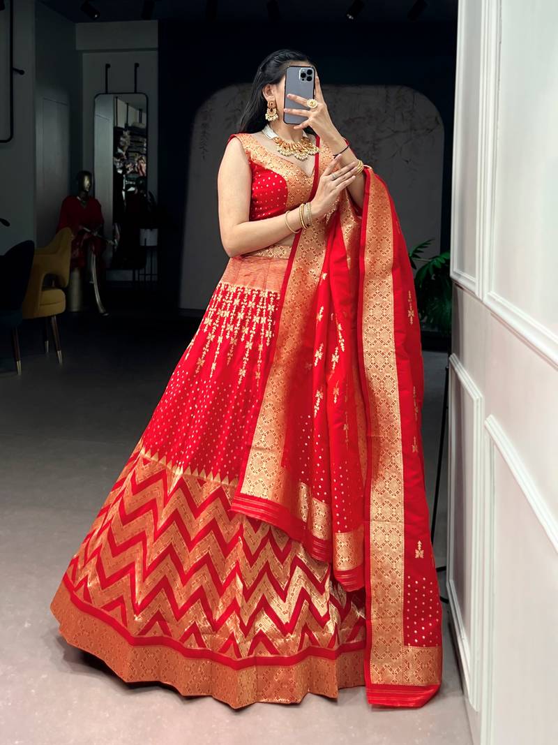 Bridal Red Banarasi Style Silk Lehenga with Traditional Zari Woven Design
