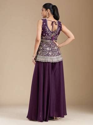 Wine color star georgette party wear  peplum sharara set 3