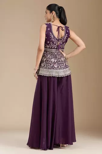 Wine color star georgette party wear designer peplum sharara set