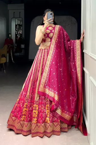 Rani Pink Banarasi Style Silk Lehenga with Traditional Zari Woven Design