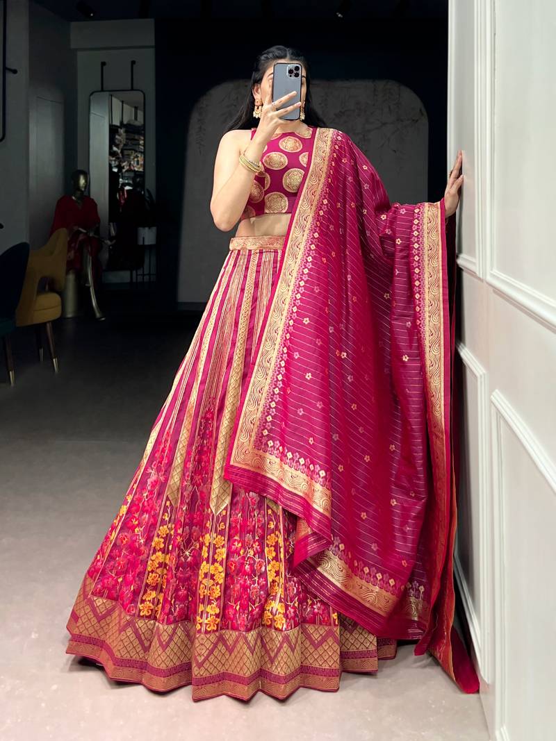 Rani Pink Banarasi Style Silk Lehenga with Traditional Zari Woven Design