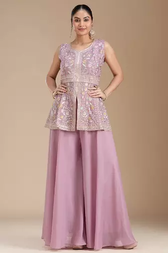 Lavender color star georgette party wear designer peplum sharara set