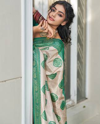 Sea green silk blend woven ethnic partywear saree 3