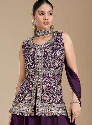 Wine color star georgette party wear  peplum sharara set 4