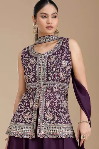 Wine color star georgette party wear designer peplum sharara set