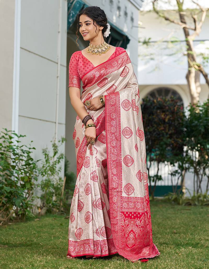 Red color silk blend woven designer ethnic partywear saree