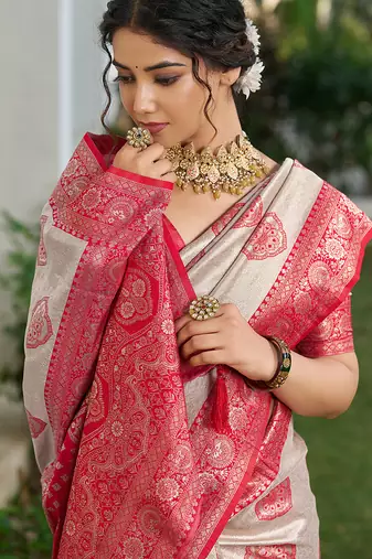 Red silk blend woven ethnic partywear saree