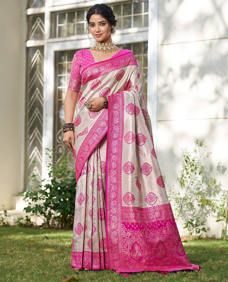 Pink color silk blend woven designer ethnic partywear saree