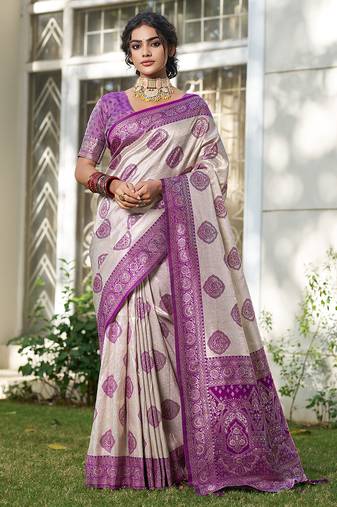 Purple color silk blend woven designer ethnic partywear saree