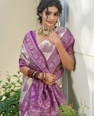 Purple silk blend woven ethnic partywear saree 3