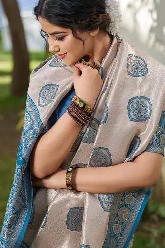 Blue silk blend woven ethnic partywear saree