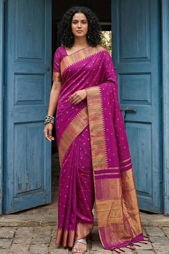 Magenta color silk blend woven designer fabric ceremonial saree