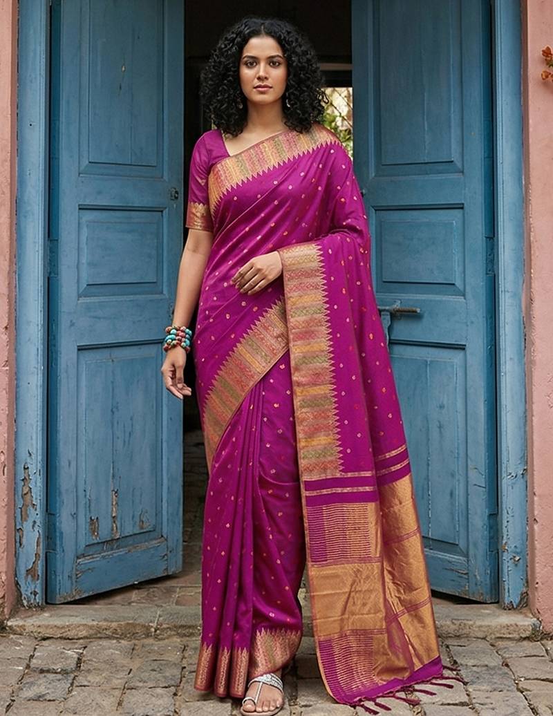 Magenta color silk blend woven designer fabric ceremonial saree