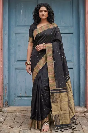 Black color silk blend woven designer fabric ceremonial saree