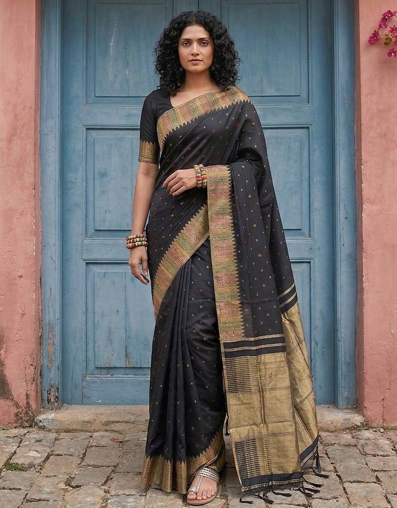 Black color silk blend woven designer fabric ceremonial saree