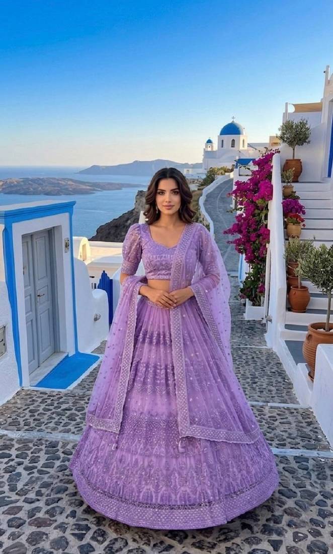 Lavender Net Lehenga Choli with Sequins, Zari & Thread Work with Dupatta