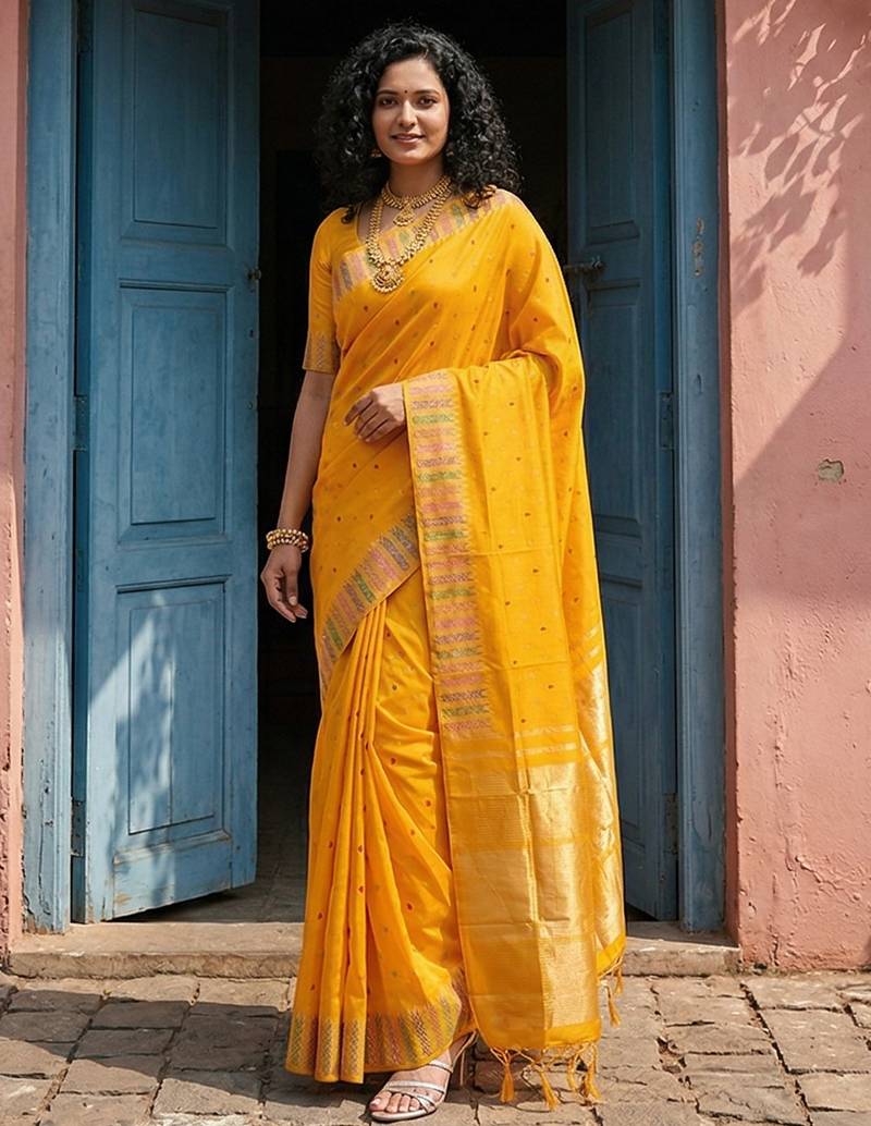 Yellow color silk blend woven designer fabric ceremonial saree