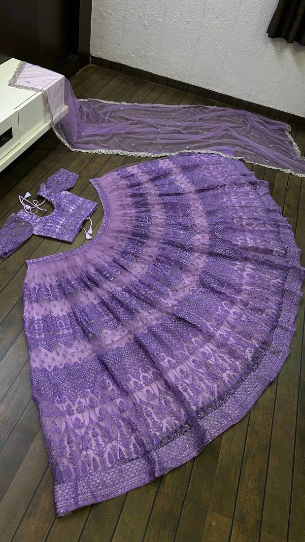 Lavender Net Lehenga Choli with Sequins, Zari & Thread Work with Dupatta