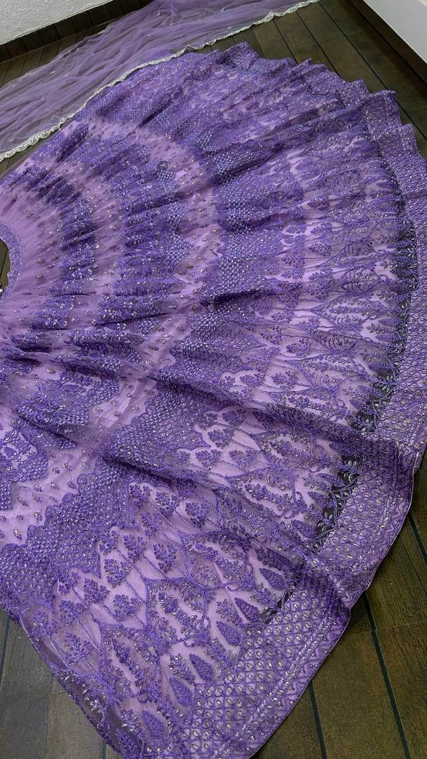 Lavender Net Lehenga Choli with Sequins, Zari & Thread Work with Dupatta