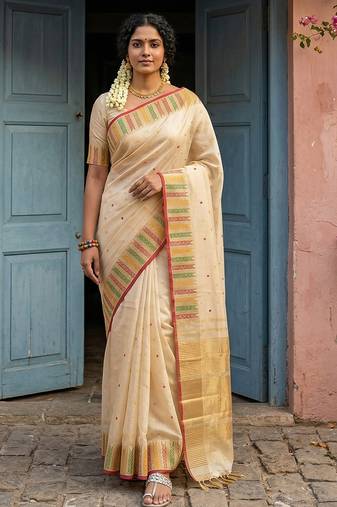 Cream color silk blend woven designer fabric ceremonial saree