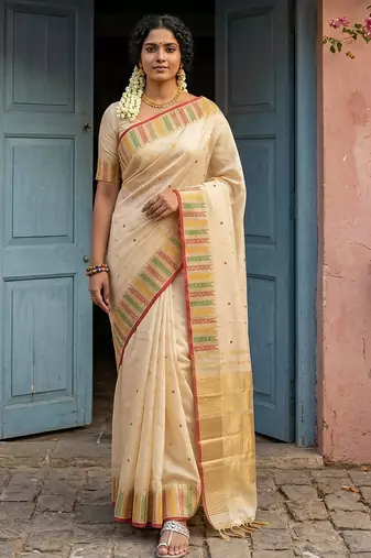 Cream color silk blend woven designer fabric ceremonial saree