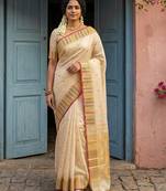 Cream color silk blend woven designer fabric ceremonial saree