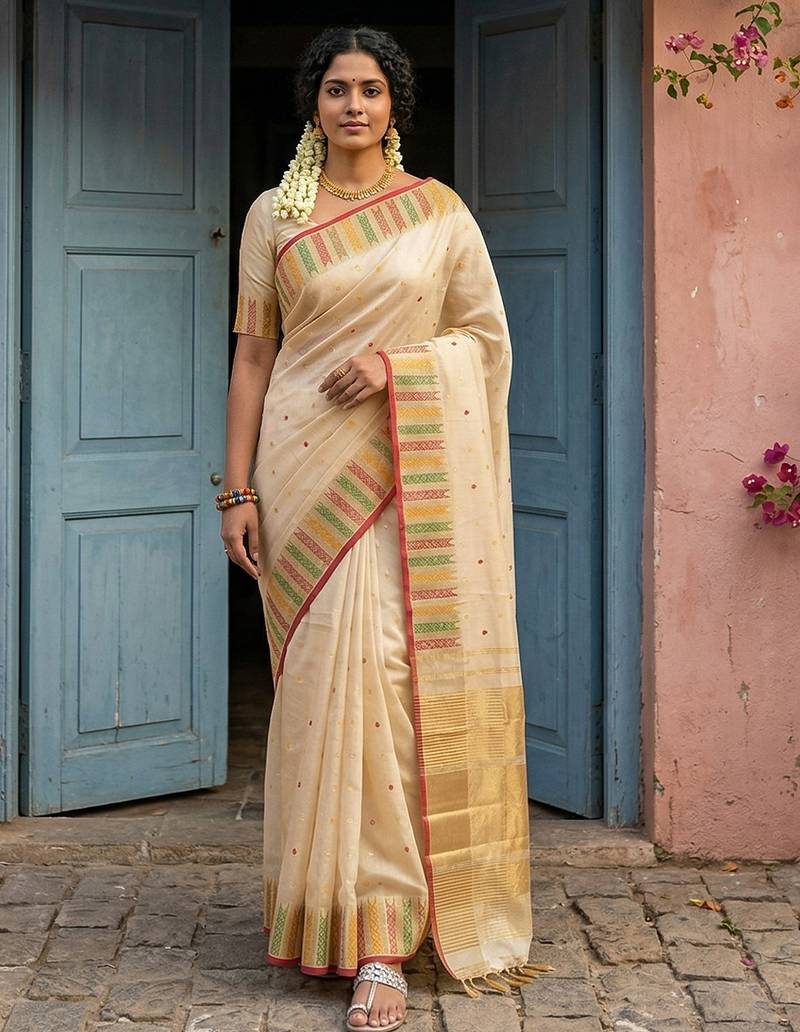 Cream color silk blend woven designer fabric ceremonial saree