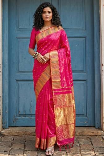 Pink color silk blend woven designer fabric ceremonial saree