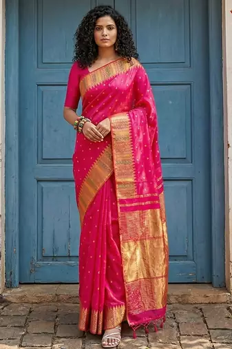 Pink color silk blend woven designer fabric ceremonial saree