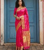 Pink color silk blend woven designer fabric ceremonial saree