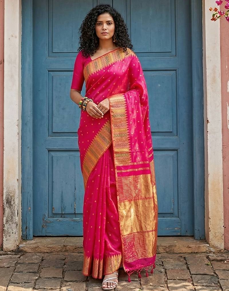 Pink color silk blend woven designer fabric ceremonial saree