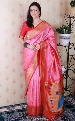 Baby pink traditional rich ceremonial soft silk blend saree 3