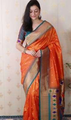 Orange traditional rich ceremonial soft silk blend saree 3