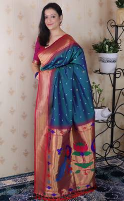 Teal traditional rich ceremonial soft silk blend saree 4