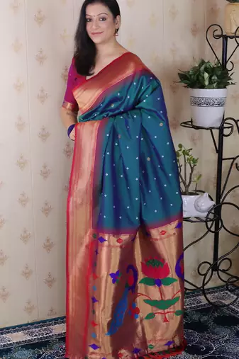 Teal traditional rich ceremonial soft silk blend saree