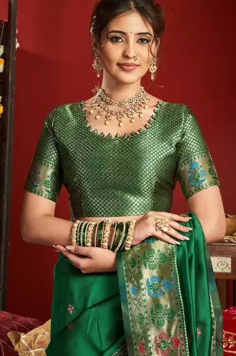 Green woven paithani silk saree with blouse