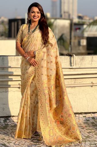 Cream color kora silk fabric woven leheria designer saree