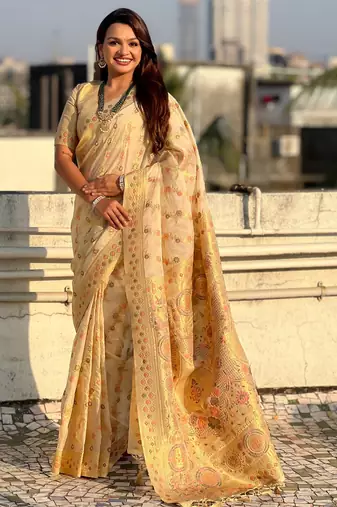 Cream color kora silk fabric woven leheria designer saree