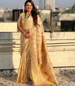 Cream color kora silk fabric woven leheria designer saree