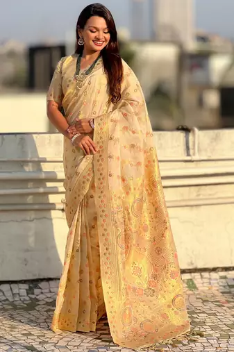 Cream kora silk blend woven leheria saree