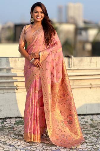 Pink color kora silk fabric woven leheria designer saree